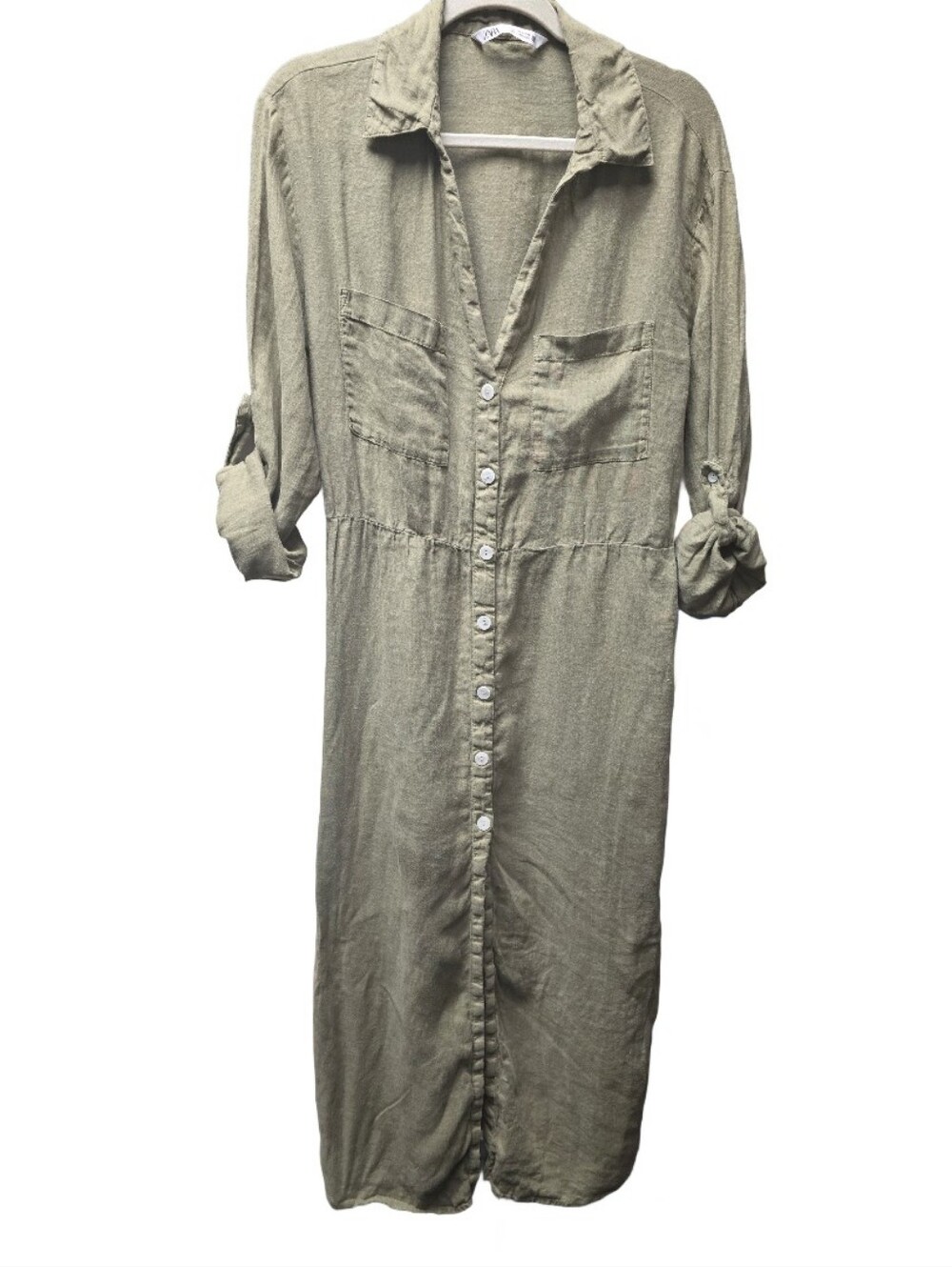 Zara Women Olive 100% Linen Midi Button Front Dress Size XL (belt not included)